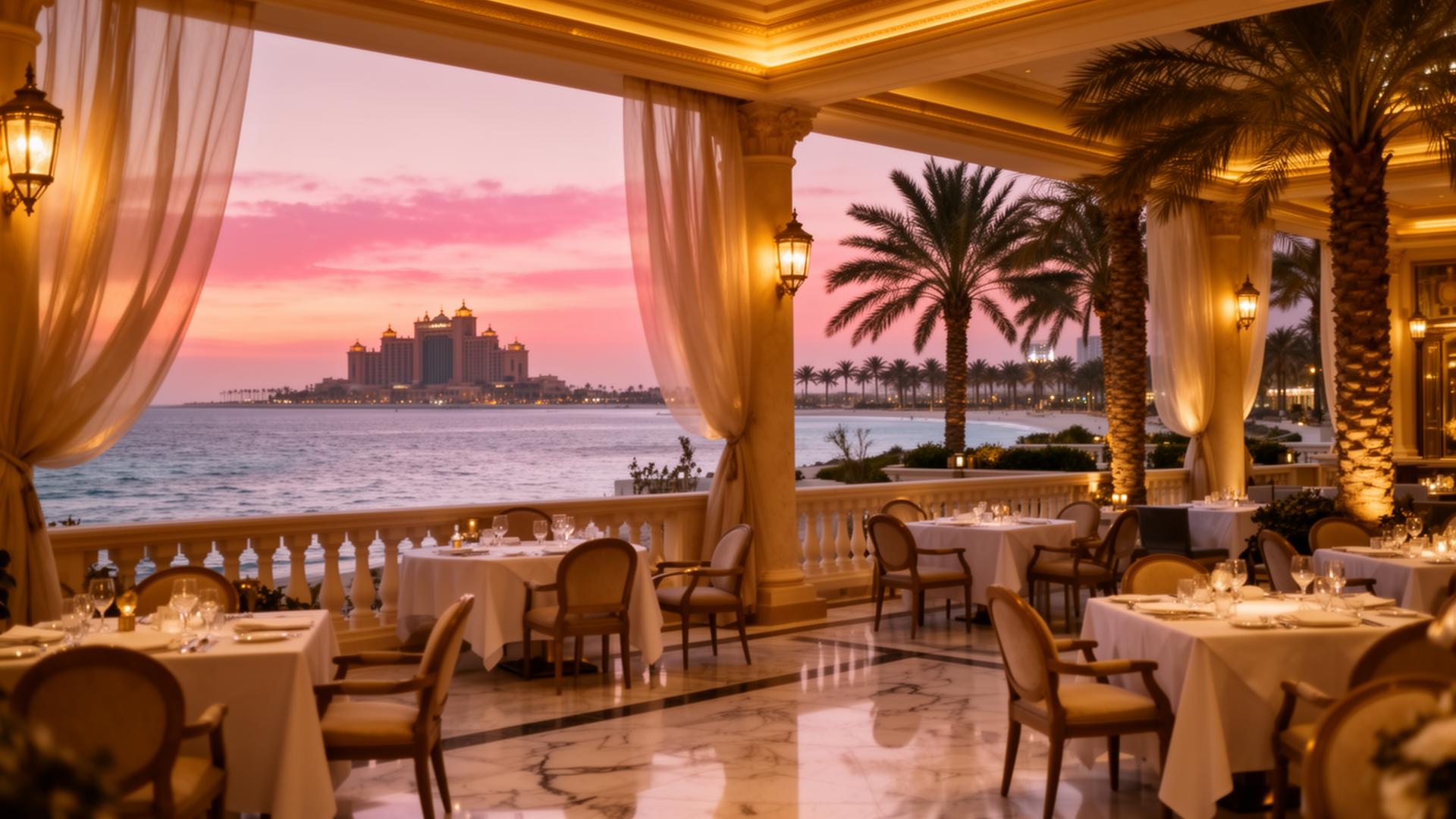 Casa D'Oro Riviera oceanfront terrace at sunset, Palm Jumeirah Dubai